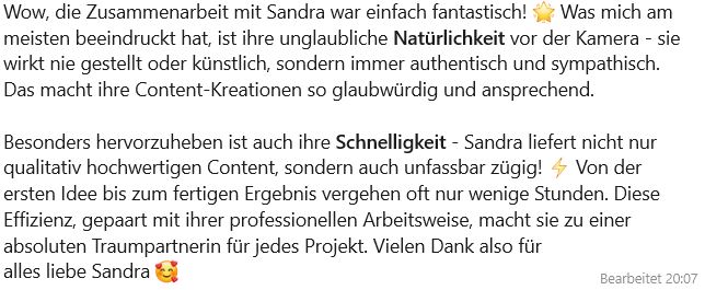 Kundennachricht über Natürlichkeit vor der Kamera und Schnelligkeit